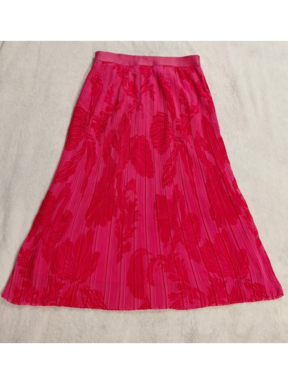 Beyond Words Pink Red Floral Pleated Midi Skirt Large NWT Lined Stretch Waist